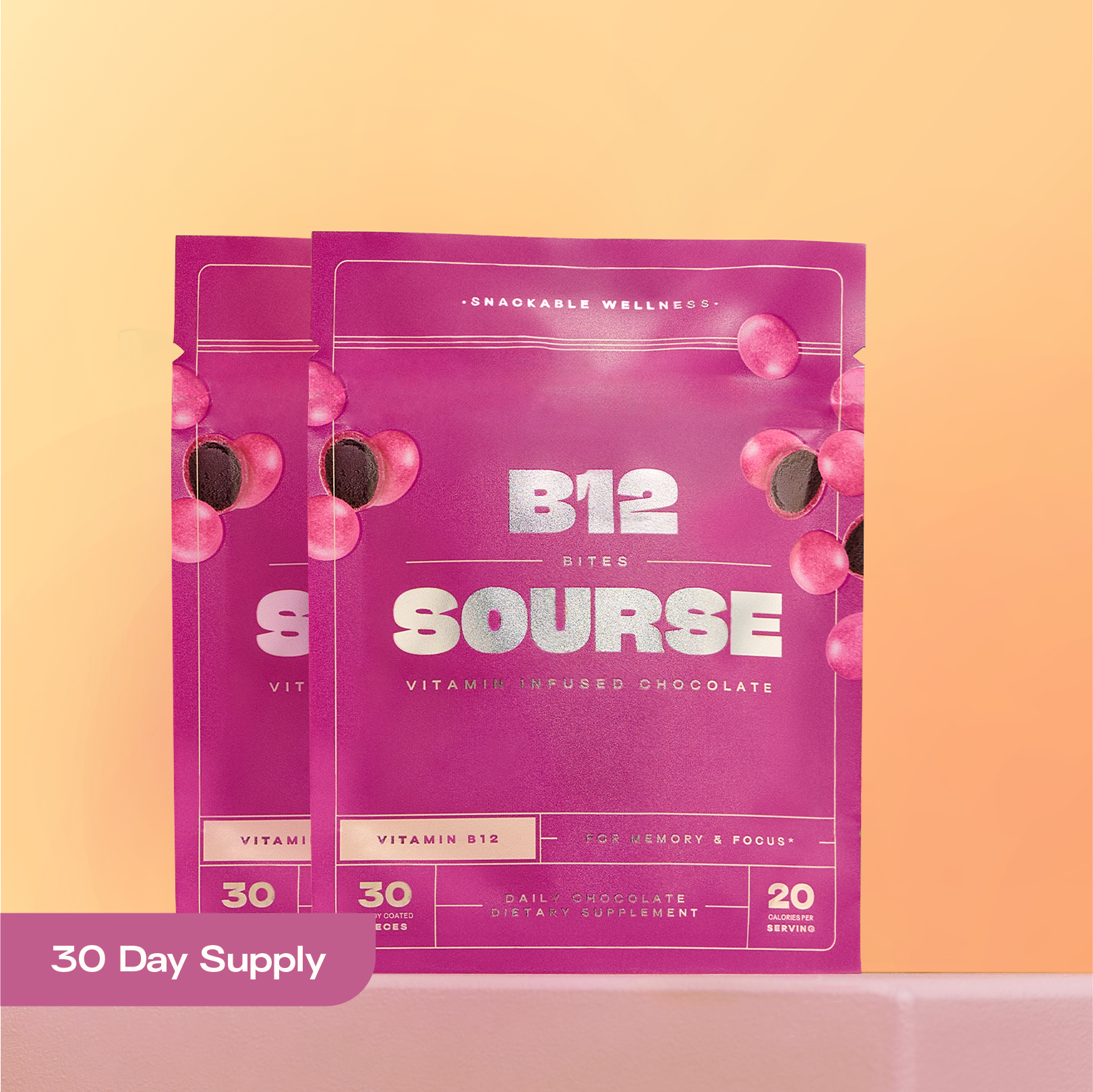 Two bags of Sourse Hair Grow vitamin-infused chocolate bites with purple candies.