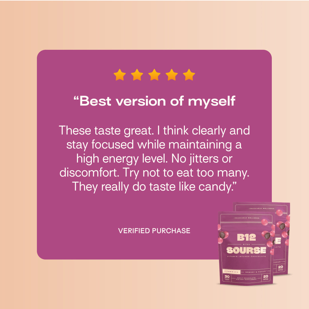 Two bags of Sourse Hair Grow vitamin-infused chocolate bites with purple candies.