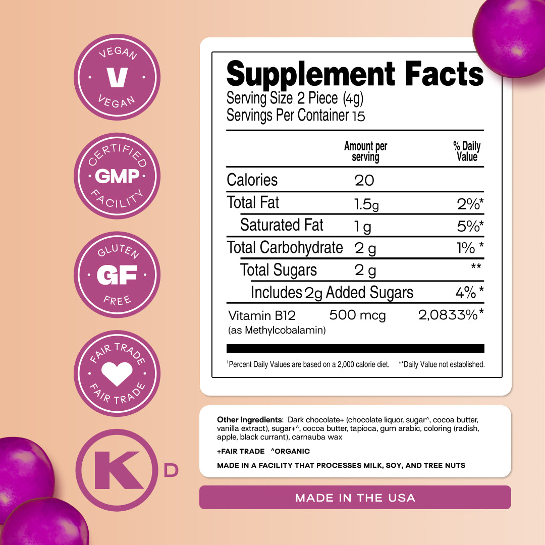 Two bags of Sourse Hair Grow vitamin-infused chocolate bites with purple candies.