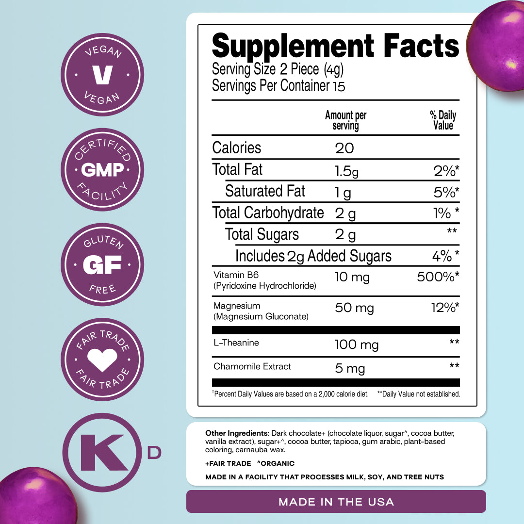 Two bags of Sourse Hair Grow vitamin-infused chocolate bites with purple candies.