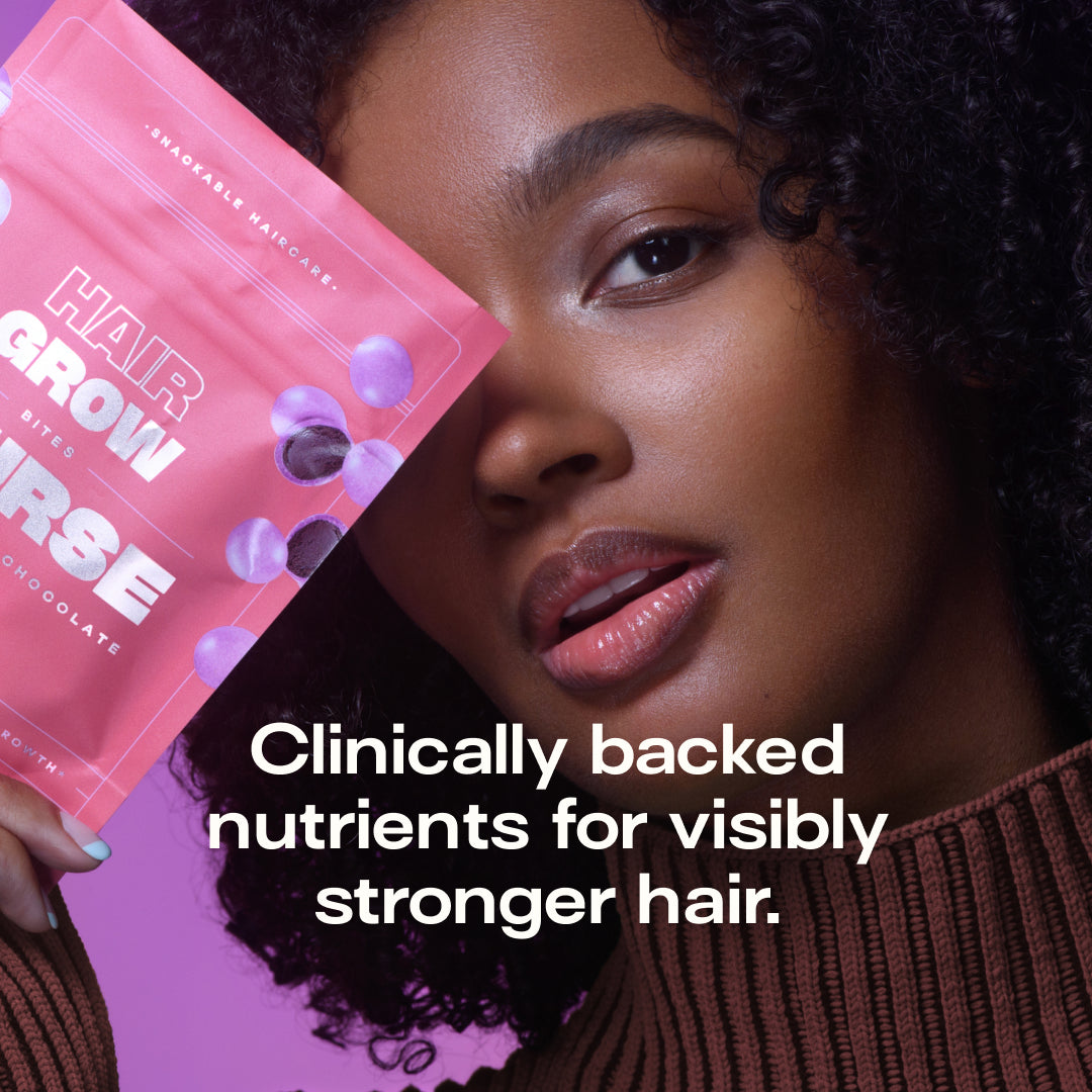 Two bags of Sourse Hair Grow vitamin-infused chocolate bites with purple candies.