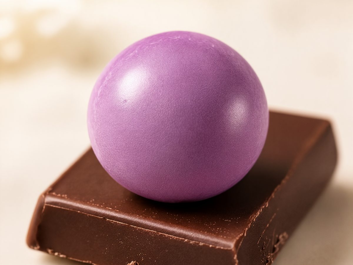 A Hair Grow Bite resting on a square of dark chocolate