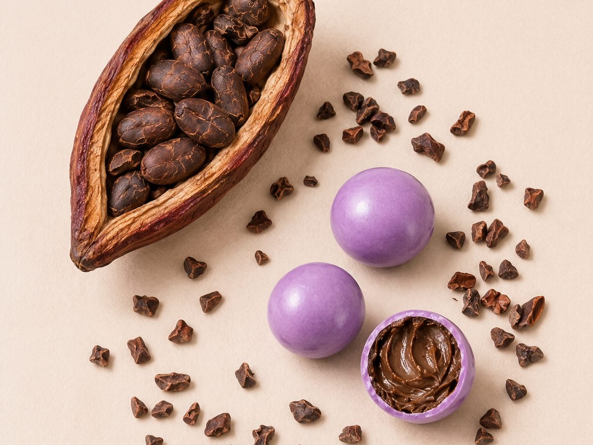 An open cacao pod with cocoa beans and nibs beside Hair Grow Bites, one broken open