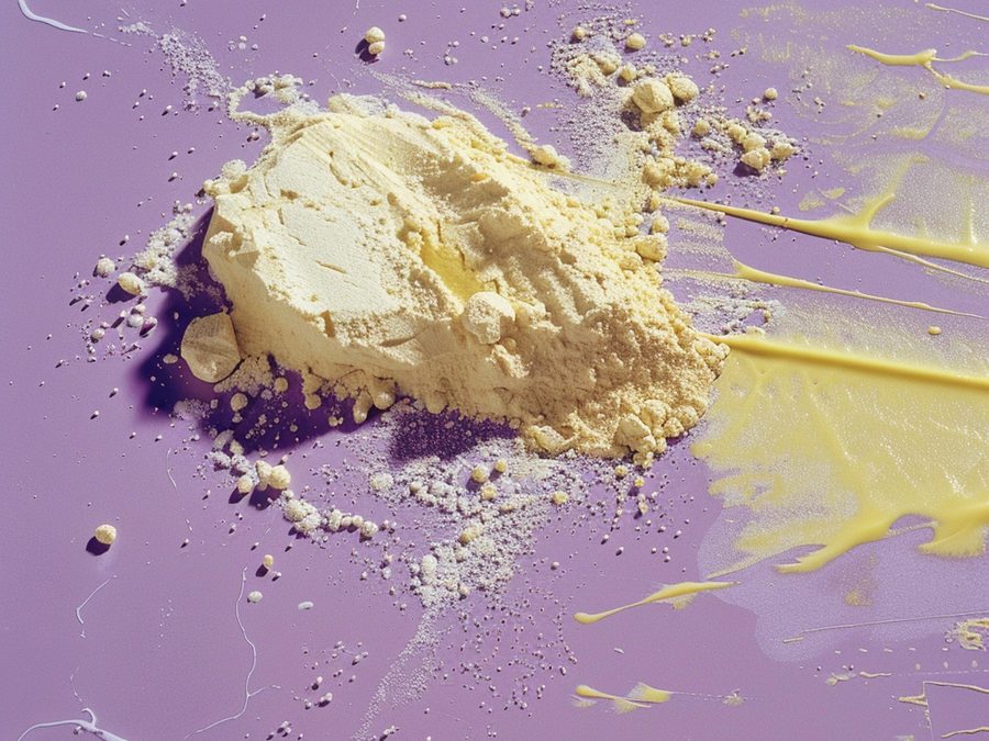 A mound of pale yellow folate powder on a lavender surface.