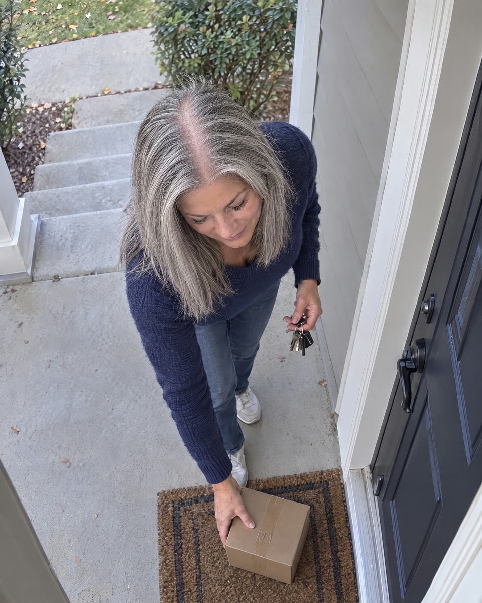 Doorbell camera still of Janet from above, her part visible