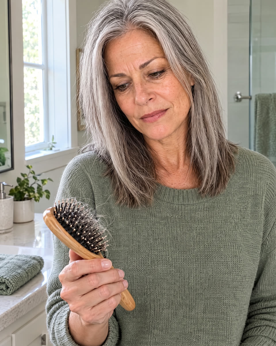 Janet looking at shed hair in her hairbrush