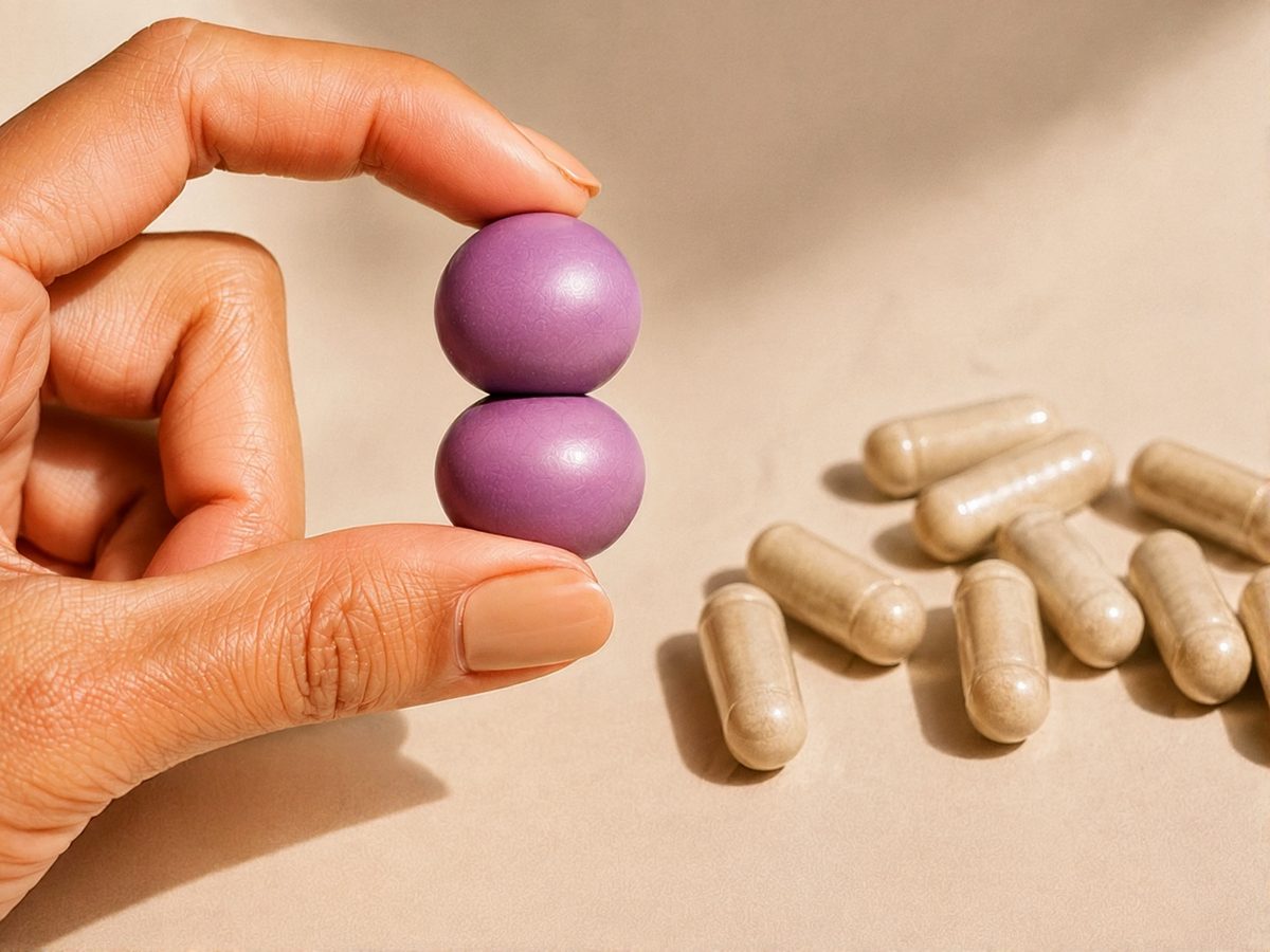 Two Hair Grow Bites held between finger and thumb next to a pile of large capsules