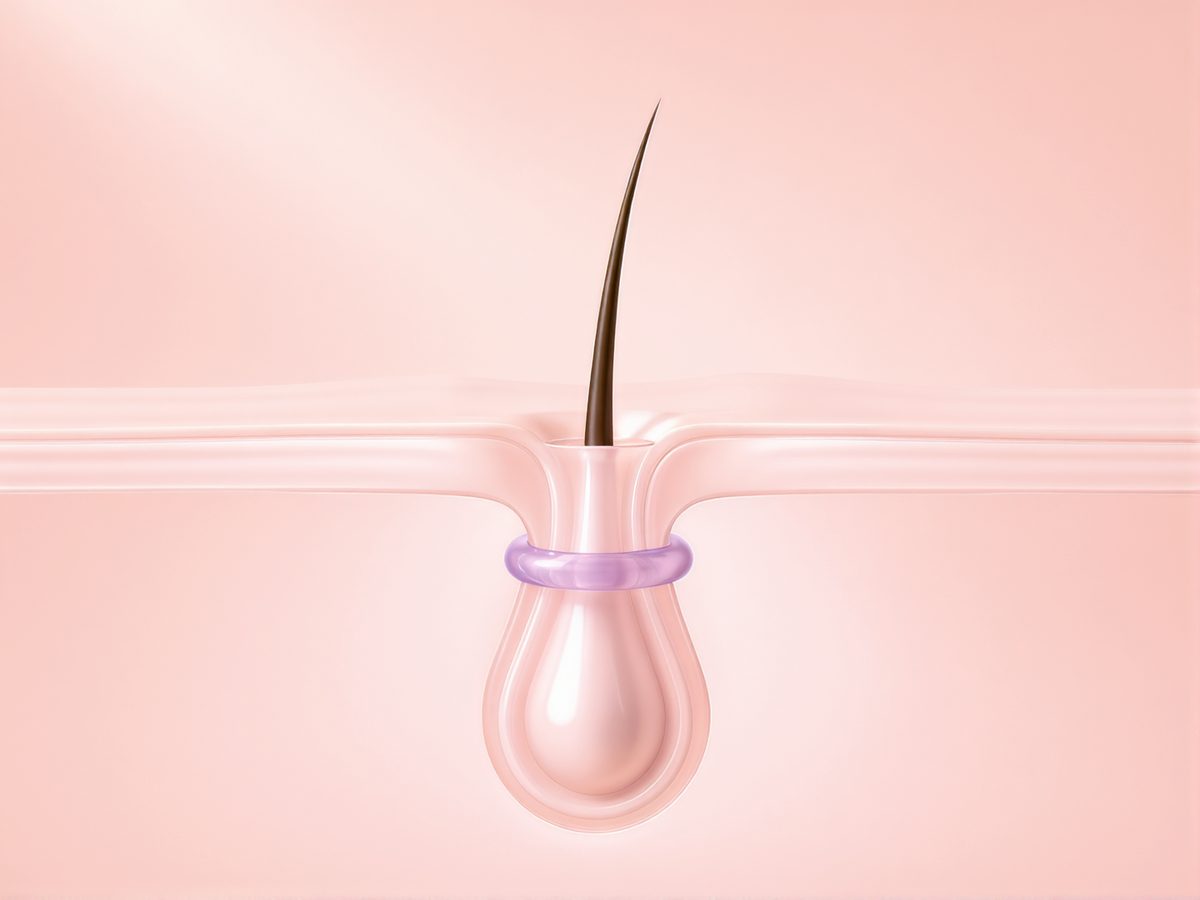A single hair follicle below the scalp with a band constricting it at the root