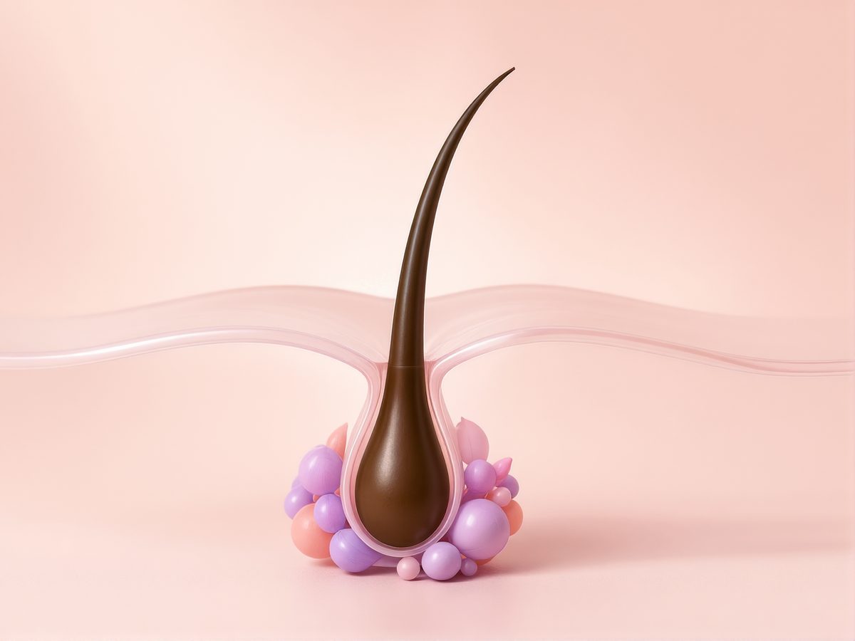 A thick hair growing from a follicle surrounded by a cluster of nutrient spheres at its base