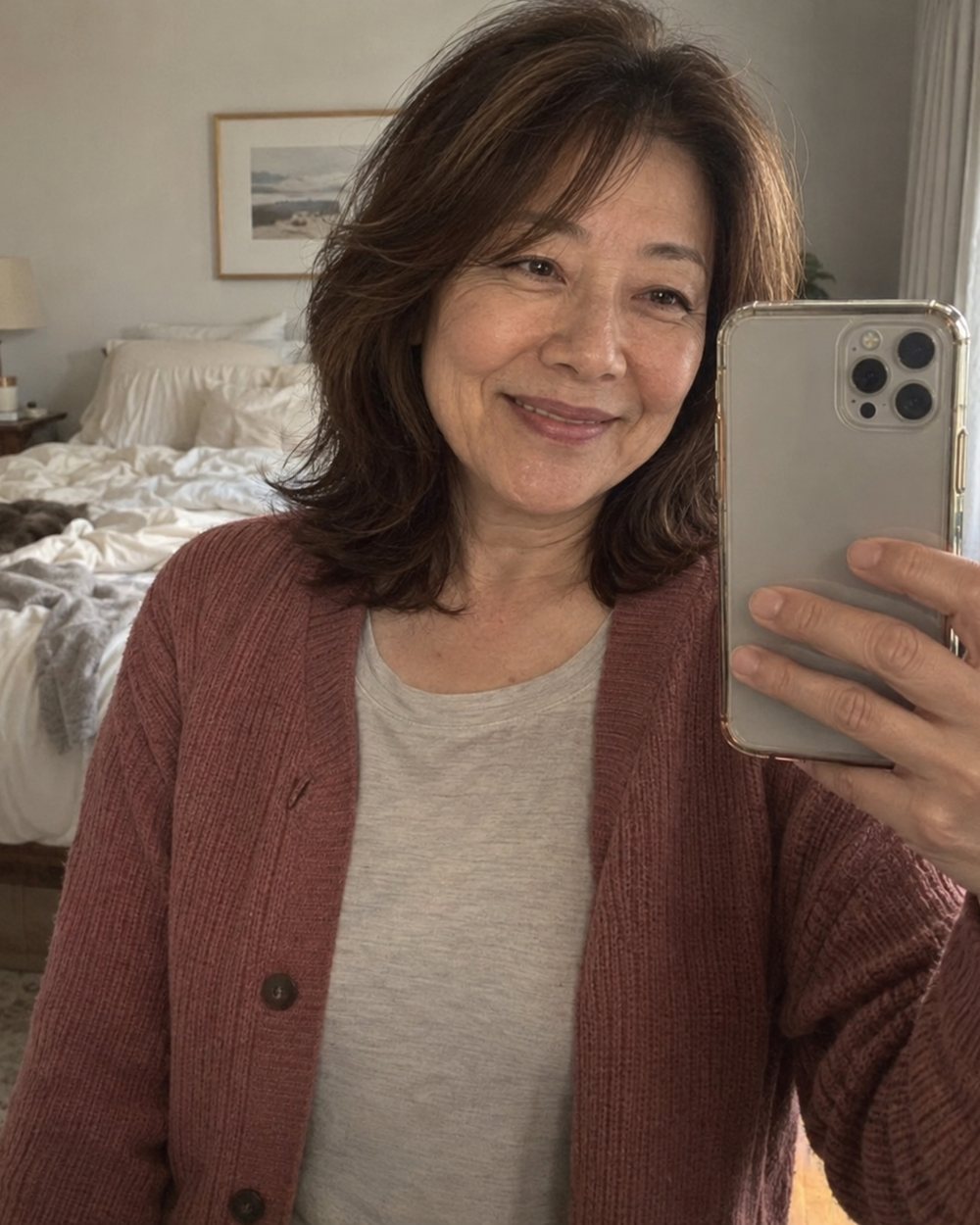 A woman in a cardigan taking a mirror selfie in her bedroom in the morning.