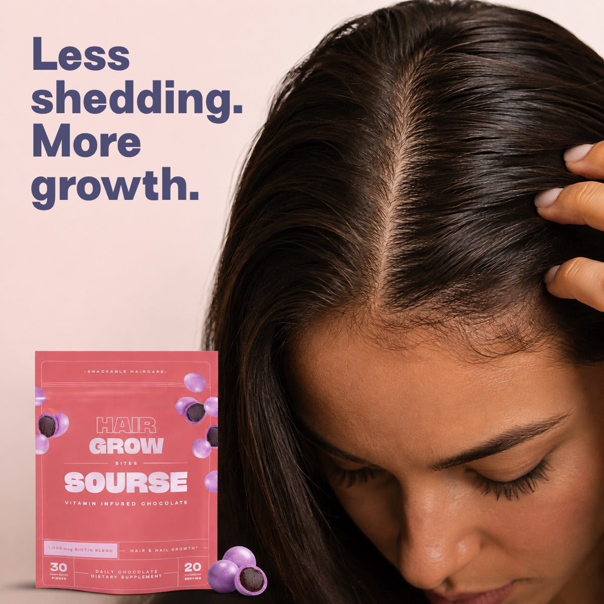 Less shedding. More growth. Helps reduce shedding and supports regrowth, for fuller, stronger-looking hair over time.