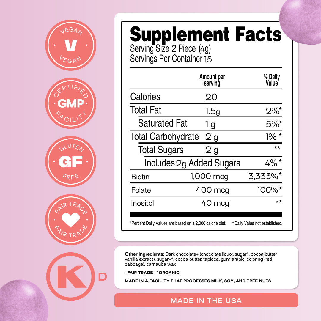Hair Grow Bites supplement facts panel: serving size 2 pieces, biotin 1,000 mcg, folate 400 mcg, inositol 40 mcg