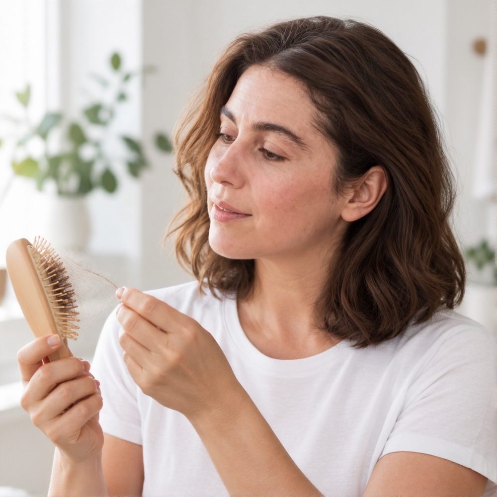 A woman looking at the loose hairs caught in her hairbrush.