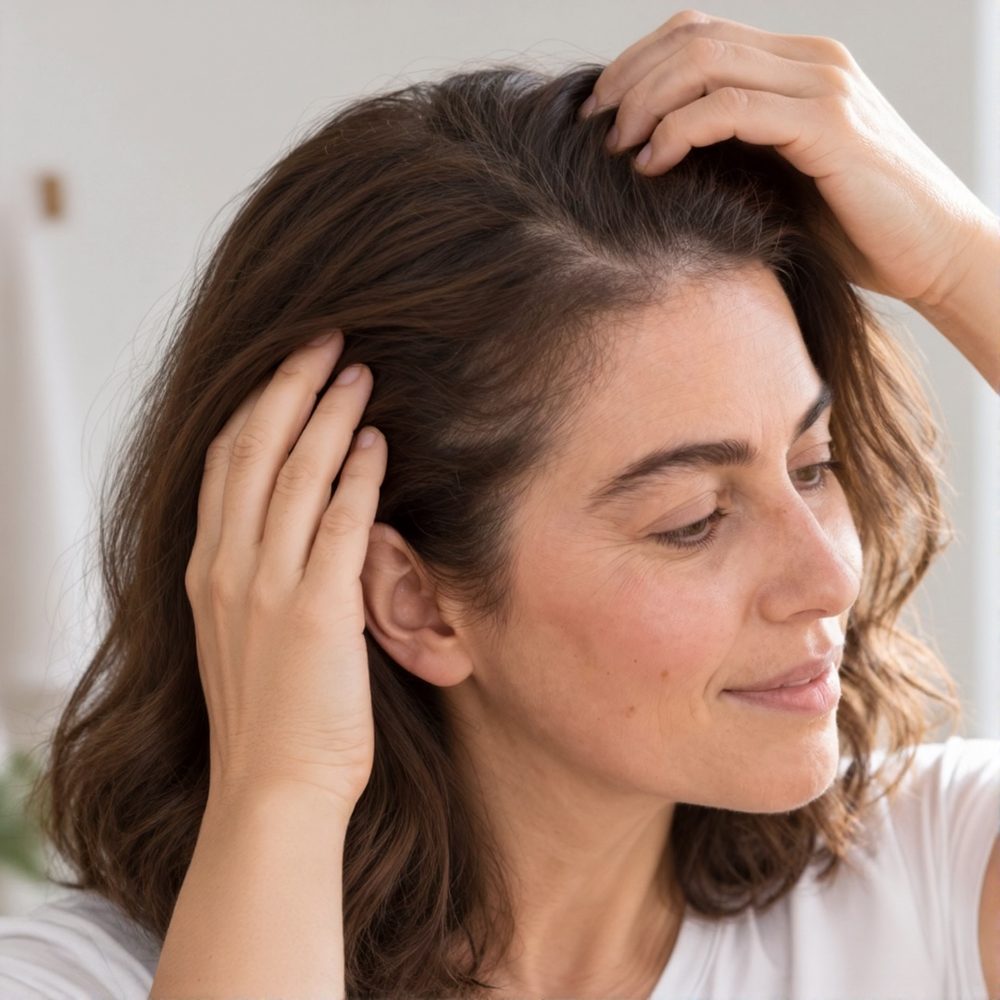 A woman parting her hair to look closely at her hairline and scalp.
