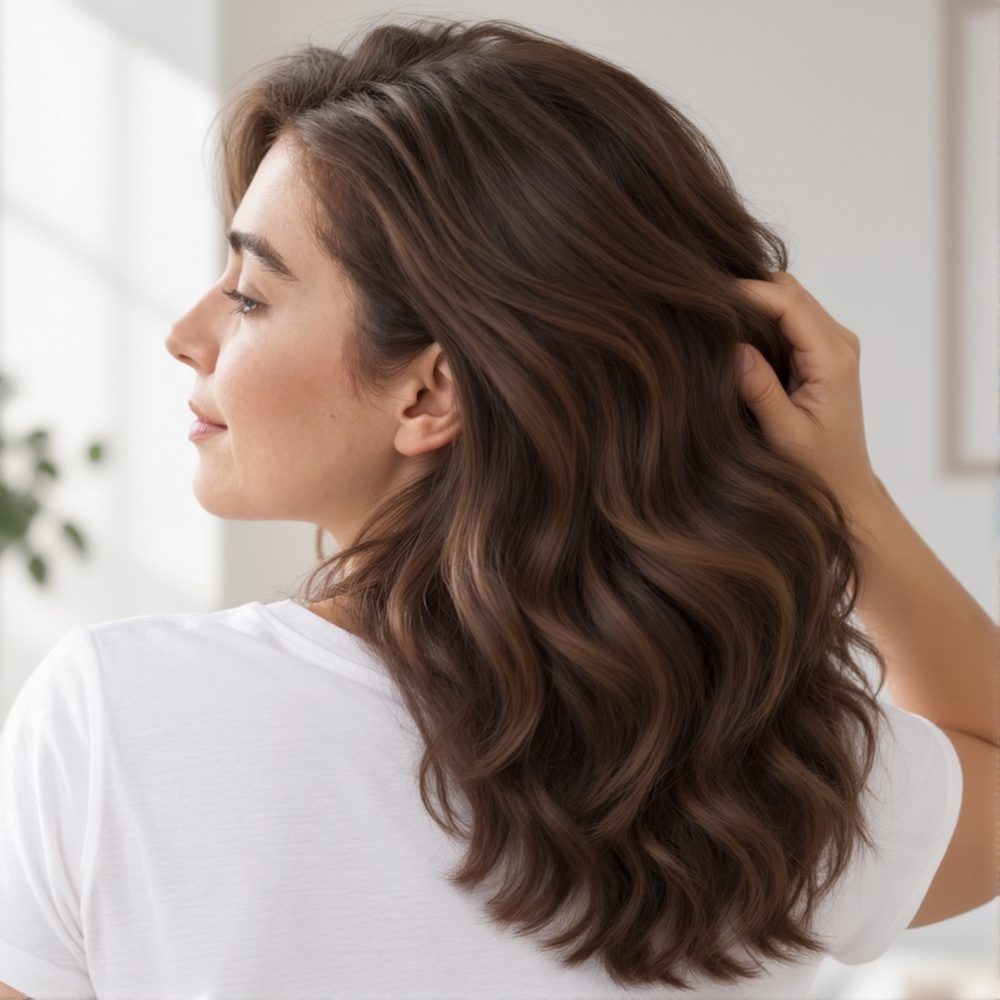 A woman seen from behind running her fingers through long, full, wavy hair.