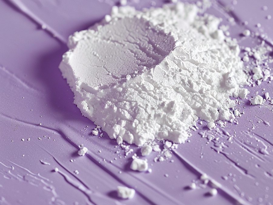 A mound of fine white inositol powder on a lavender surface.