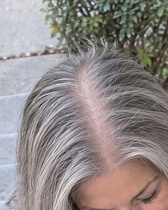 Zoomed in on the doorbell still: a wide line of scalp along Janet’s part