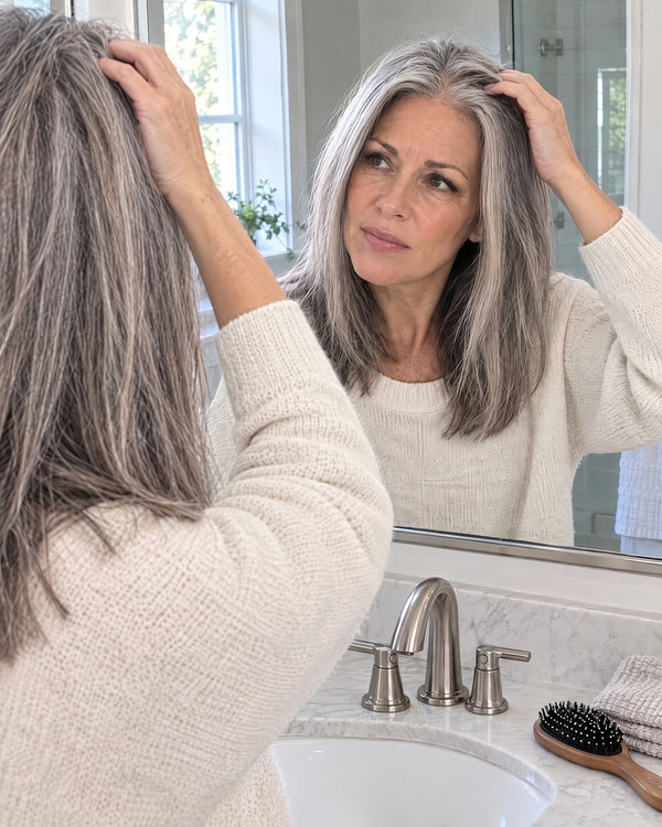 Janet checking her part in the bathroom mirror
