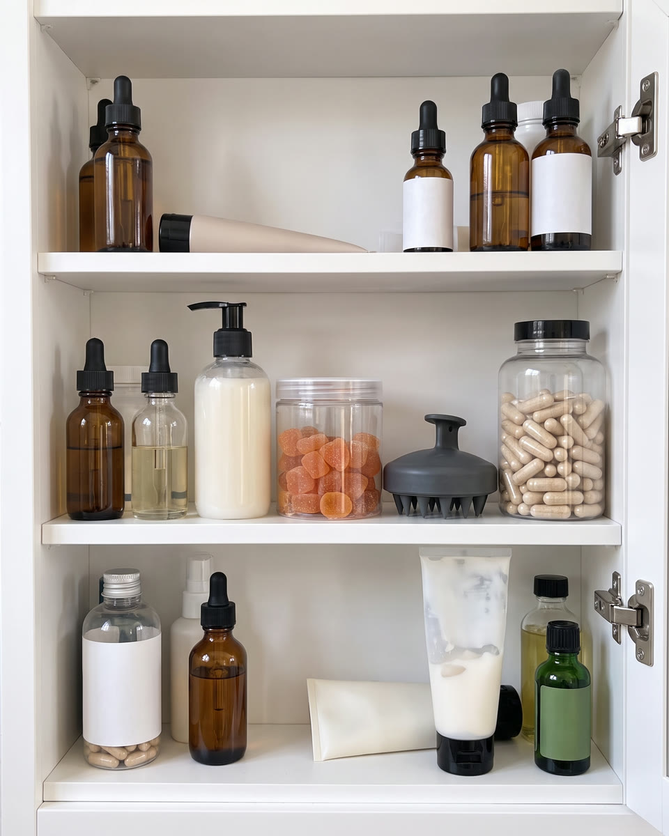 A bathroom cabinet full of half-used hair products