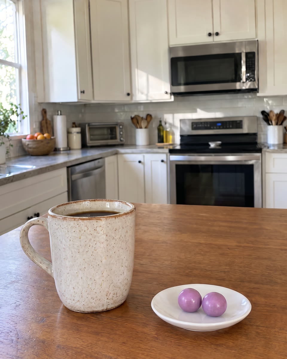 Two Grow Bites on a dish beside a cup of coffee