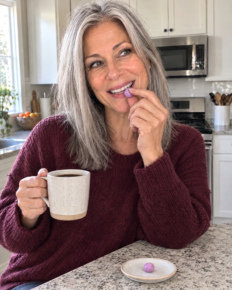 Janet taking a Hair Grow Bite with her morning coffee